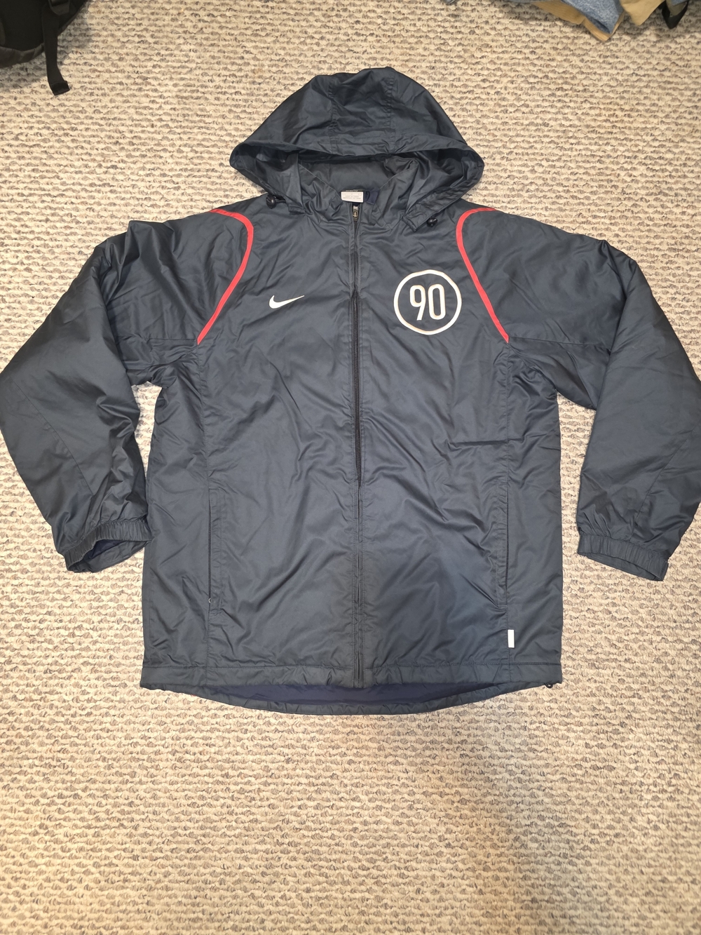 Vintage Nike Men’s Navy Hooded Windbreaker Jacket with Red Accents
